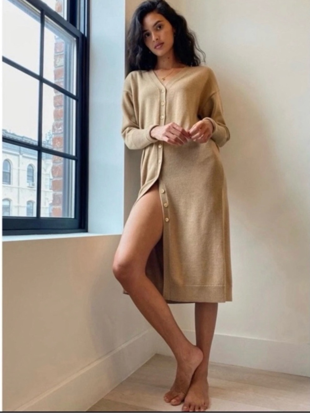 Aritzia Wilfred Utopia Sweater Dress Cardigan Size M Camel Tan Wool Old Money